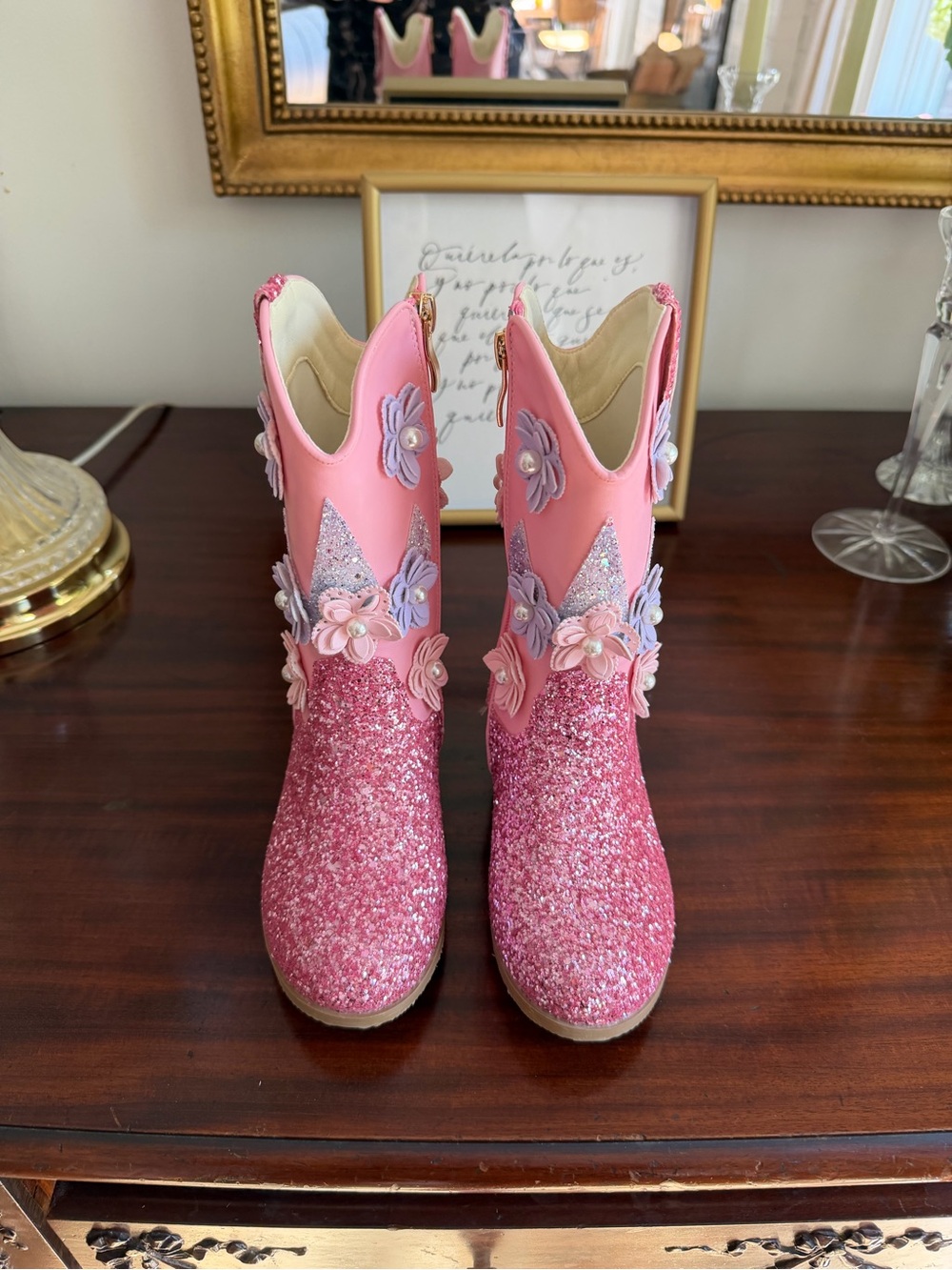 Girls' Pink Glitter Flower Boots - Kids Shoes